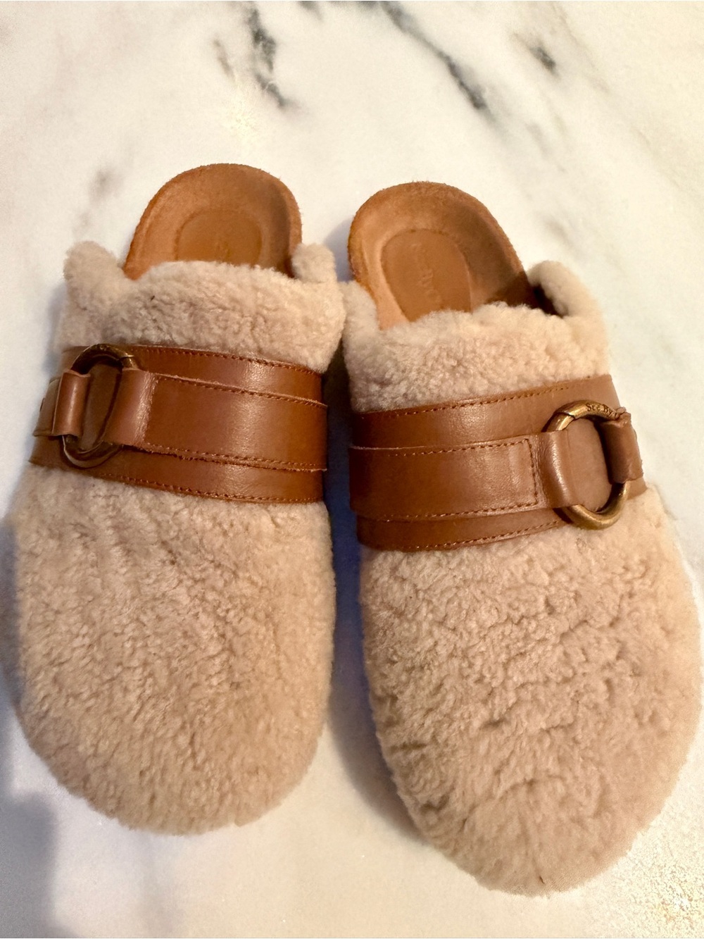 See By Chloe Beige Gema Shearling Mule Clogs with Brown Leather Strap size 37